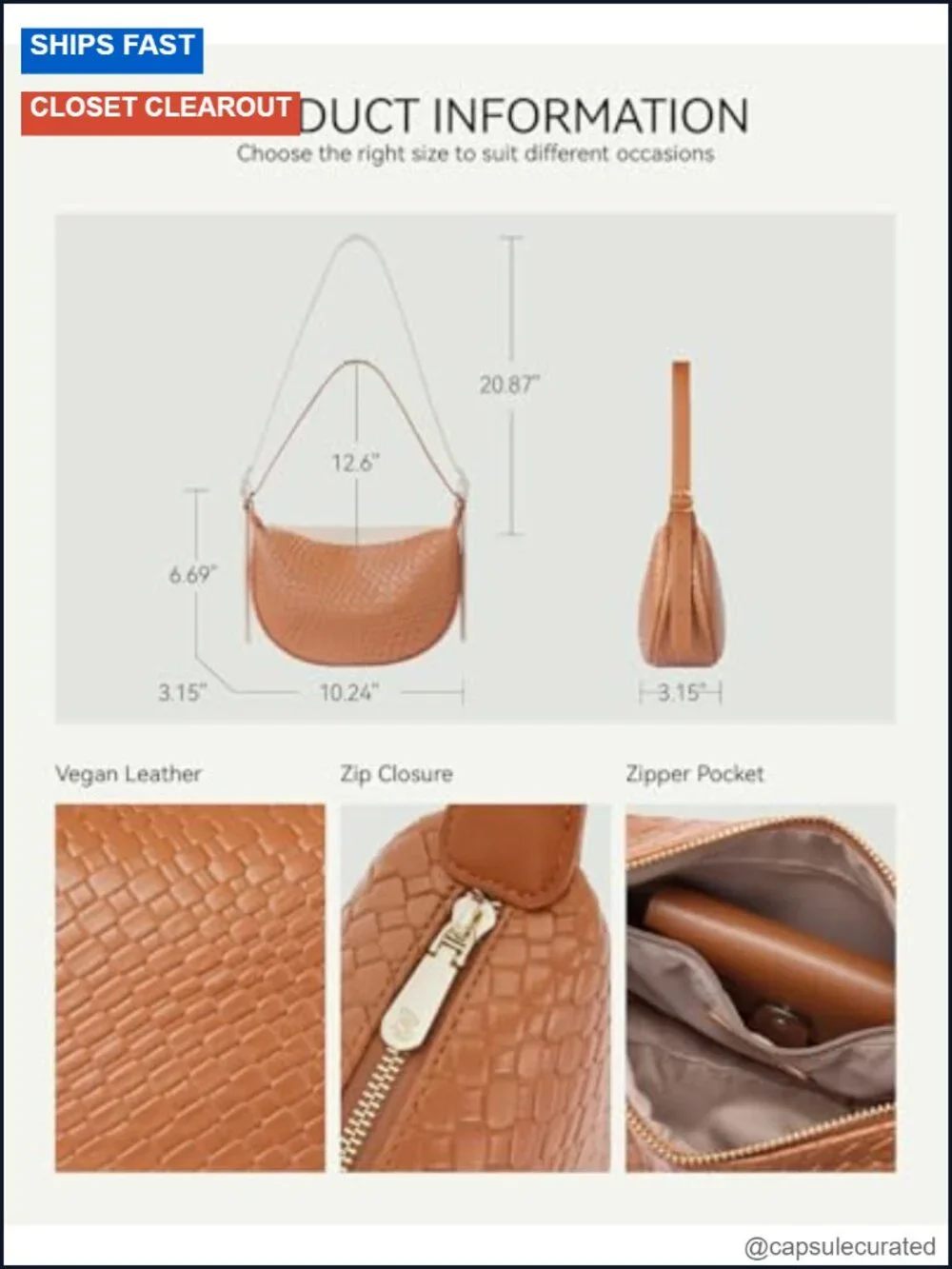 Vegan Leather Crescent Crossbody Hobo Bag with Adjustable Strap